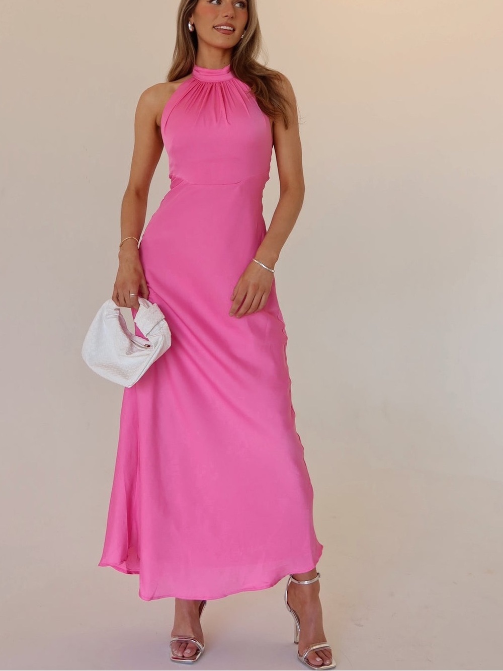 Here Comes The Sun Hot Pink Halter Maxi Dress Size S Elegant Evening Wear NEW - Picture 6 of 12